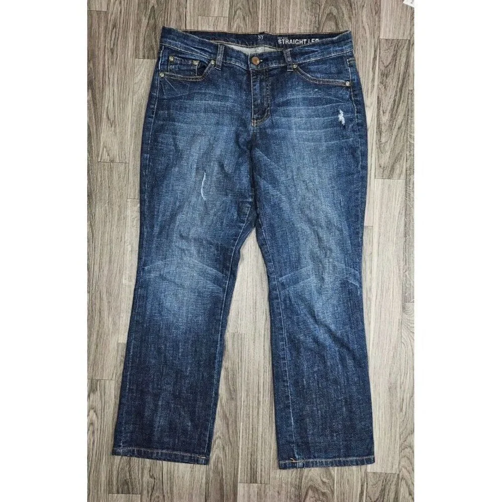 (3/$35) New York & Company Distressed Low Rise Straight Embroidered‎ Jeans